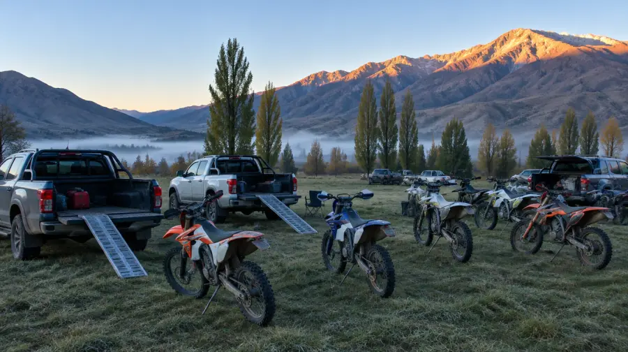 Camionetas y motos en un potrero al amanecer, con neblina en el valle. Imagen creada, no es una foto de la carrera.