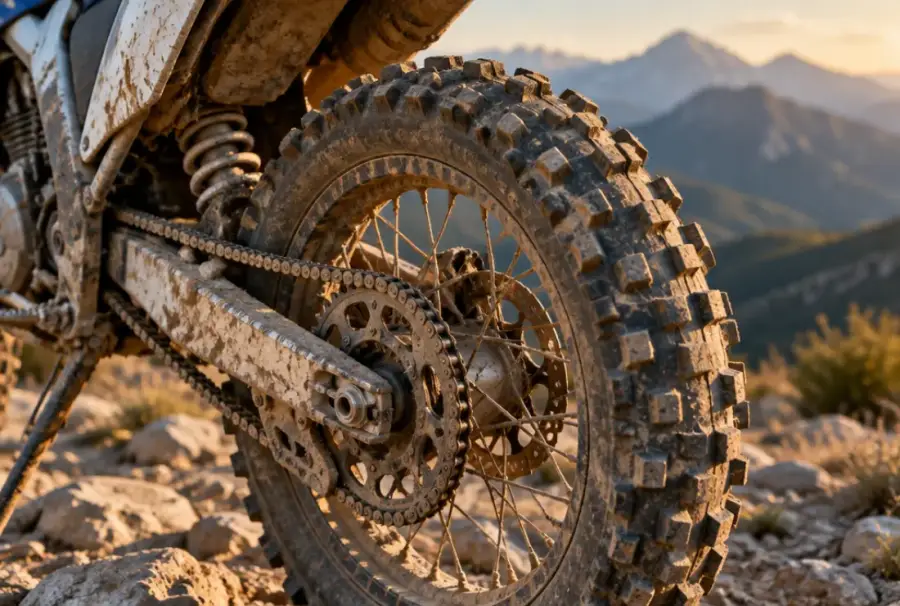 Rueda trasera de una moto de enduro cubierta de barro seco. Imagen creada, no es una foto de la carrera.