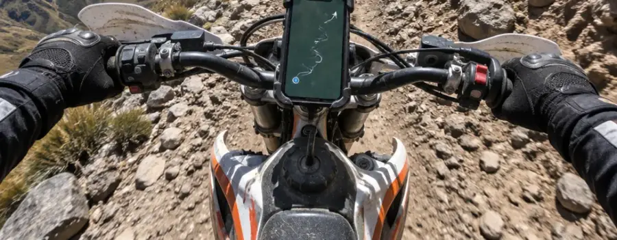 Manillar de una moto de enduro con un teléfono montado mostrando una línea de ruta. Imagen creada, no es una foto de la carrera.